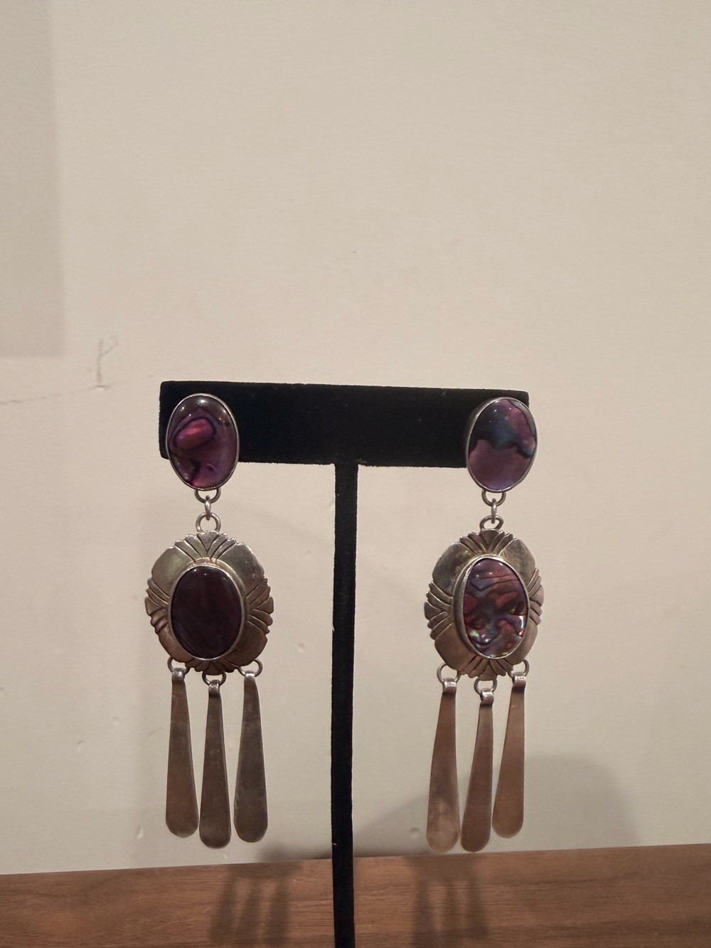 Vintage NAKAI Sterling Silver Purple abalone/shell Chandelier Dangle Earrings